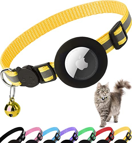 Dgerp Airtag Cat Collar Breakaway, Cat Collar with Air Tag Holder(Yellow) | Safety Breakaway Buckle, Reflective Strip, Lightweight, Bell, 0.4 Inches in Width, Adjustable Size to Fit Different Cats
