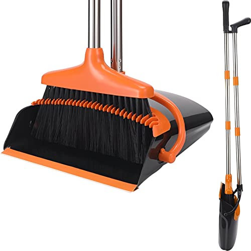 Dustpan and Brush Set Long Handled Broom and Dustpan with Extendable 124CM Handle & Scraper Teeth,Foldable Broom Cleans Dustpan Combo for Home Kitchen Cleaning and Sweeping(Black)