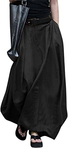 Damen Casual Cargo Lose Langer Rock Hohe Taille Boho A Linie Swing Langer Rock mit Taschen Plus Size Hose, A-schwarz, 52