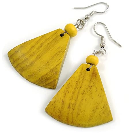 55mm Long/Antique Yellow Painted Wood Fan Shape Drop Earrings