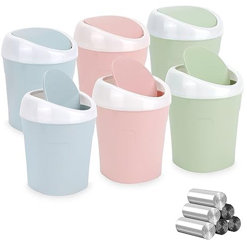 QLFJ-FurDec 6 Piezas Mini Papelera Escritorio, Papelera Sobremesa con Tapa Abatible y 12 Rollos de Bolsas, 10x12x17cm Papelera de Mesa para Hogar, Oficina, Mesa del Tocador (Azul, Rosa, Verde)