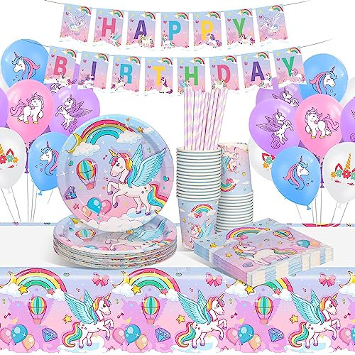 Yosiio Decoración Unicornio para Cumpleaños - Vajilla Desechable para 16 Invitados, Platos, Vasos y Mantel - Niña