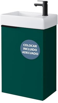 Planetmöbel Mobile sottolavabo con lavabo in ceramica, 40 cm, colore verde bosco con rubinetto, nero opaco, set di mobili da bagno per bagno, ospiti, WC