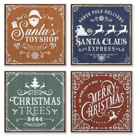 ARTFAVES® Schilder Set - Vintage Weihnachten Bunt | Weihnachtsdeko Shabby Chic Vintage Holzbilder Collage Wandbilder | Größe: 19 x 19 cm