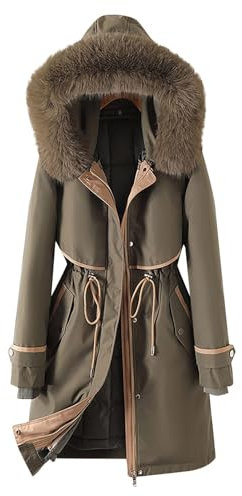 Azruma Herbstjacke Damen Elegant Skijacke Damen Decken Hoodie Damen Frauen Warm Einfarbig Reißverschluss Parka Mit Kunstfellkragen Warme Winterjacke Damen Gefüttert (Armeegrün, Xl)