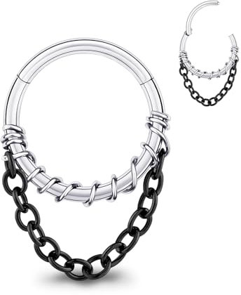 Longbeauty 16G Nasenring Hoop Daith Ohrringe mit Kette Helix Rook Conch Knorpel Tragus Silber Edelstahl Piercing Schmuck für Damen Herren, Schwarz, 8MM