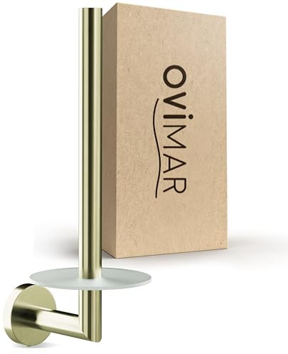 ovimar Ersatzrollenhalter Giskesanden Gold zum Bohren | aus Edelstahl und Glas | Toilettenpapier Rollen Aufbewahrung zum Bohren | bis zu 2 Rollen | auch als Küchenrollenhalter