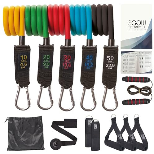 SETGOWELL - Set Elastici Fitness Di Resistenza Con 5 Diverse Bande Elastiche, Elastici Fitness Uomo e Donna In Lattice Naturale, Home Gym Elastici Palestra Premium, Inclusa Corda Per Saltare