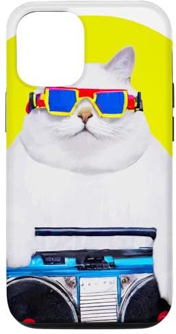Hülle für iPhone 15 Pro dicker weißer Kater mit Ghettoblaster im 80er Look Musik