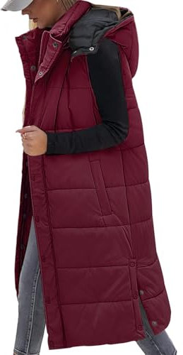 Vancavoo Lange Weste Damen mit Kapuze Ärmellose Steppweste Lang Daunenweste Übergangsweste Winterjacke Longweste Leichte Warm Gesteppt Winterweste Mäntel,Rotwein,M