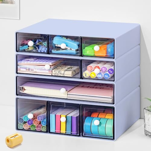 Desk Aufbewahrungsbox mit 9 Schubladen, 4 Lagen stapelbare Lagerung Schubladen für Schreibtisch Lagerung, Klare Veranstalter Anzug für Schreibwaren Make-up Schmuck Büro Craft Supplies (Violett)