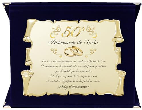 Placa de Bodas de Oro Personalizada - Celebración del 50 Aniversario de Boda - Targa Color Oro con Estuche de Terciopelo Azul