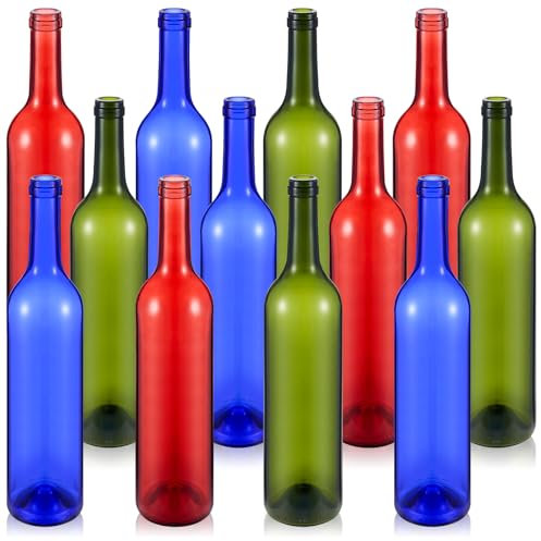 Zhehao 12 Pieces Decorative Colored Wine Bottles 750ml Empty Glass Bottles for Candle Bottle Tree Outdoor Home Decor Christmas (Red, Blue, Green)