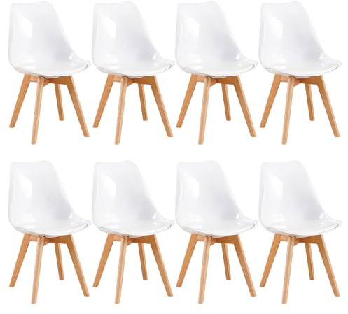 EGGREE 8er Set Esszimmerstühle mit Massivholz Buche Bein SGS Geprüfter,Skandinavisch Design Gepolsterter aus Glänzendes PU-Material Leder Küchenstuhl Essstühle,Glänzend Weiß