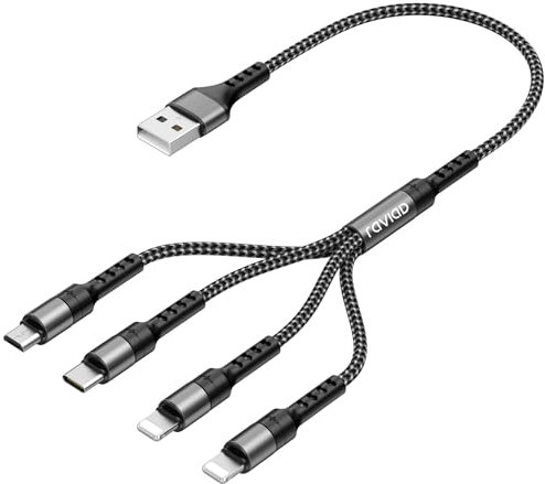 RAVIAD Multi Cable de Carga [50CM] Nylon 4 en 1 Multi USB Cargador Cable Múltiples Lightning Cable Micro USB Tipo C Puerto para Android Galaxy S23/ S22/ S21/ A5, Huawei P40, Honor, Kindle, LG