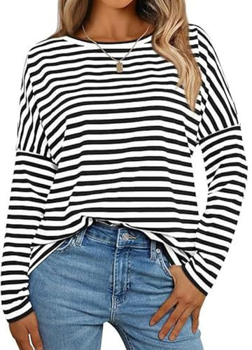 Btofellin T-Shirts Women Oversized Striped Color Block Long Sleeve Sweatshirt Ladies Round Neck Tops Casual Loose Pullover Y2k Autumn Winter Clothes Black