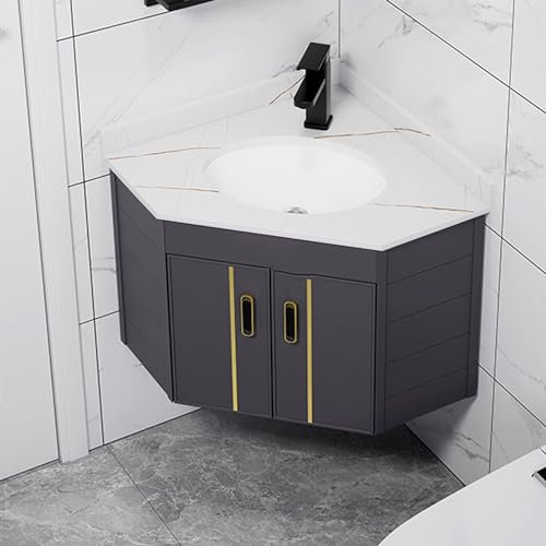 GLETSF Schmaler Waschtisch mit schwebendem Waschbecken – Kleiner Eckbadezimmerschrank mit Oberseite, Heiß- und Kaltwasserhahn-Kombination, Stauraum.White