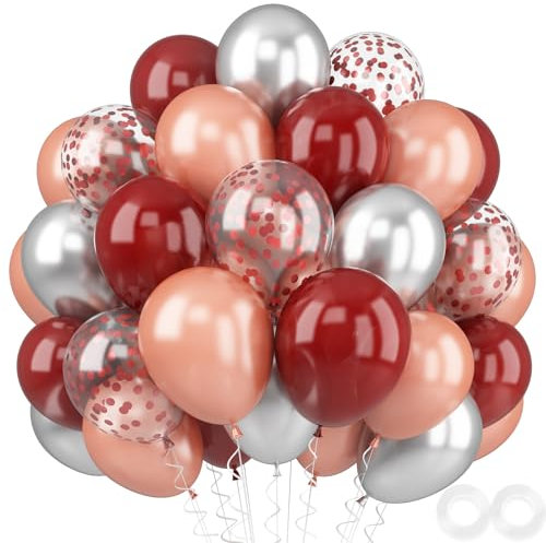Burgundy Rose Gold Balloons - 52 PCS 12 Inch Wine Red Silver Rose Gold Latex Balloons with Confetti for Women Girls Birthday Wedding Bridal Shower Party Anniversary Decoration