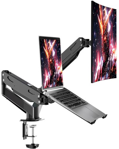 Pholiten Dual Monitor and Laptop Mount, Holds up to 32” Monitor and 17” Laptop, 22lbs, Adjustable, VESA 75x75mm and 100x100mm, Black