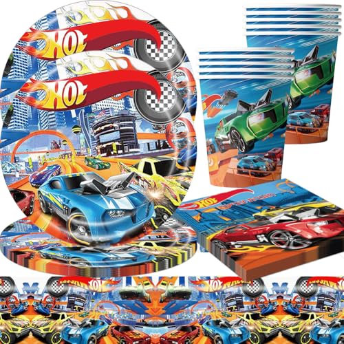 41PCS Coche Vajilla de Fiesta, Coche Juego Vajilla Cumpleaños, Auto Vajilla Cumpleaños Incluso Platos Servilleta Taza Manteles, Juego de Vajilla de Fiesta de Cumpleaños