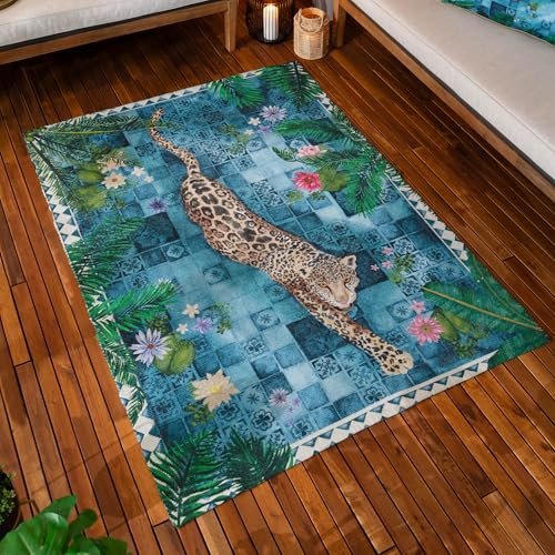 Paoletti Majorelle Printed Indoor/Outdoor Outdoor Rug - Azure - 120x170cm | Showcases elegant hand-painted leopard designs