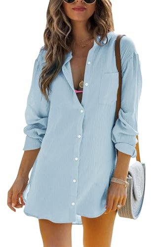 Cicy Bell dam långärmad blus sommar muslin toppar bomull casual button down skjorta klänning toppar lös tunika strandklänning bikini cover up