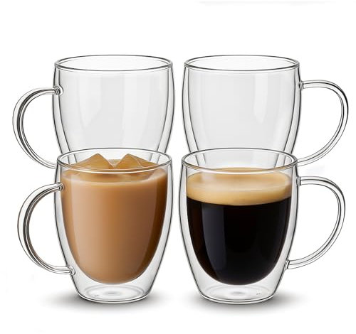 Tazas de café de vidrio de doble pared con asas, juego de 4 tazas de café de vidrio transparente de 12 onzas, tazas grandes de vidrio de borosilicato de doble aislamiento a granel para bebidas