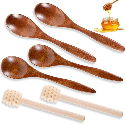 oruola 6pcs Honey Dipper and Honey Spoon Wooden, Honey Comb Sticks, 3 Different Shapes of Wooden Spoon for Honey Jar Dispense Drizzle Honey and Wedding Party Gift