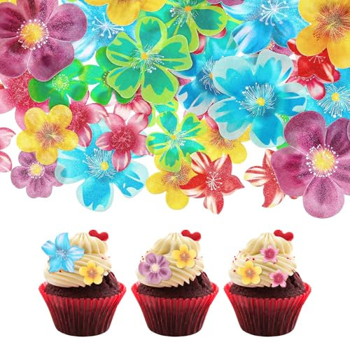 Essbare Blumen für Torte 50 Stück, Tortendeko-Blumen Essbar Reispapier, Bunt Esspapier Blumen für Hochzeit, Geburtstag Party, Cupcake, Kuchen Dekorationen, Taufe