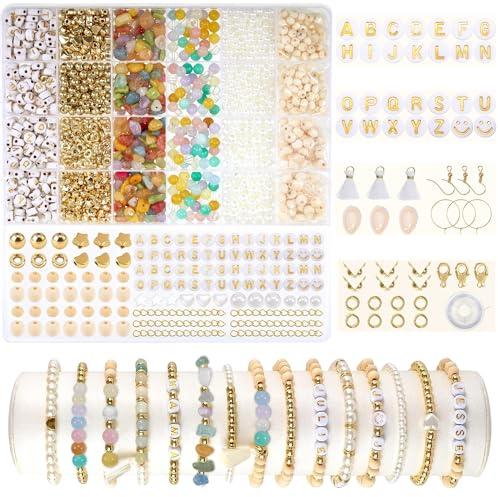 WUISOLQP Natürliche Amazonit perlen für armbänder, Edelstein Pearl Perlen Set mit Holzperlen, Zum Auffädeln Kit Perlenset Beads für DIY Schmuck Halskette Ohrringe Kette für Kinder Erwachsene (Bunt)