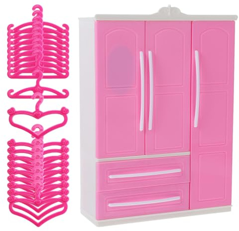 NOLITOY Doll Closet Wardrobe With 20 Mini Hangers, 3-Door Miniature Clothes Storage Organizer ABS Furniture, Pretend Play Fashion Dolls House Accessories For Kid Bedroom