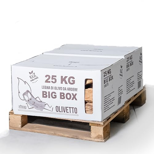 BIG BOX FEMIRO - Legna da ardere in SCATOLE da 25 Kg. Legna di olivo su bancale ideale per camini, stufe, forni, pizzerie e barbecue. Confezioni da 25 a 500 kg. (50 Kg)
