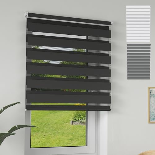 XMTECH Doppelrollo Klemmfix ohne Bohren Schwarz 80x150 cm – Zebra Rollo lichtdurchlässig & verdunkelnd, Duo Rollo Klemmrollo für Fenster & Türen, modernes Seitenzugrollo Sonnenschutzrollo