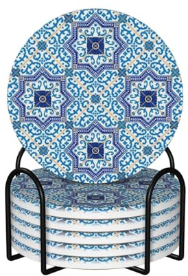 Moroccan Portuguese Style Classic Tiles,Round Ceramic Coasters, Mugs Pad, Cups Mat Set of 6 Drinks Coasters With Holder