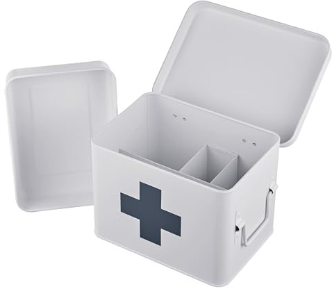 Relaxdays Medizinbox, 4 Fächer, entnehmbarer Einsatz, Hausapotheke Box, Metall, Griffe, HxBxT: 16 x 21 x 15,5 cm, weiß