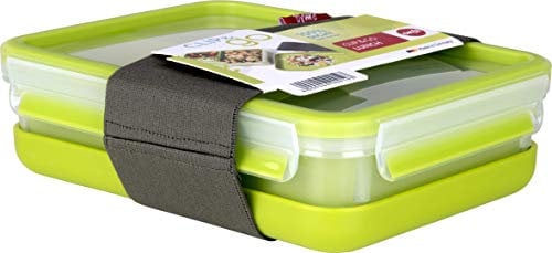 Emsa Boîte à Repas, 3 Compartiments Pratiques, Couvercle, Assiette Séparée et Bande Élastique, Volume : 1,2 Litres, Transparent/Vert, Clip & Go, 518098