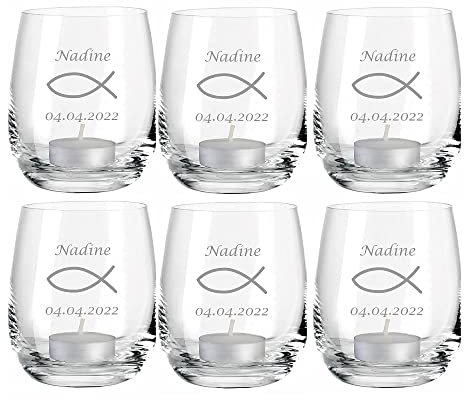 4you Design 6-er Glas Fisch mit Gravur Datum und Name zur Konfirmation, Firmung, Kommunion oder Jugendweihe, Windlicht für Teelichter, Wasserglas, Tumbler Personalisiert