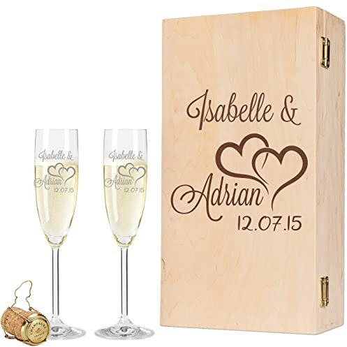 Leonardo Sektgläser mit Gravur von Namen & Datum im - Große Liebe Design - Geschenk zur Hochzeit, Verlobung oder Jahrestag - inkl. gravierter Vintage-Holzkiste - das perfekte Hochzeitsgeschenk