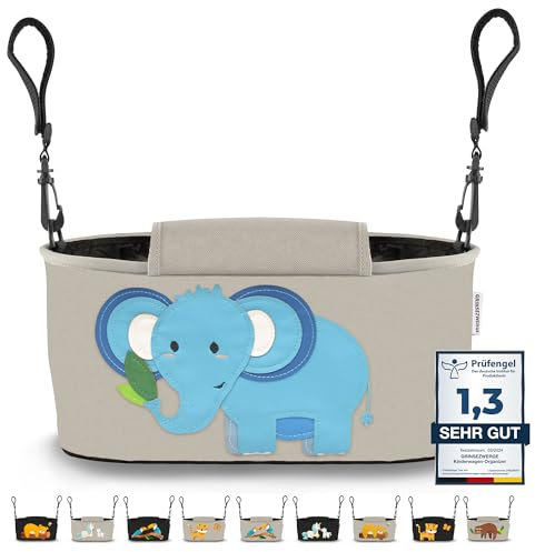 GRINSEZWERGE Kinderwagen Organizer 12 Motive mit Feuchttuchspender I Kinderwagen Tasche mit Schultergurt I Kinder Buggy Organizer I Kinderwagentasche Aufbewahrungstasche Baby Stroller Bag grau Elefant