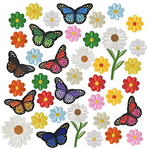 39 Stück Blumen Schmetterlinge Bügelflicken, Applikation Flicken Patches zum Aufbügeln Annähen Dekoration Patch Sticker, Gestickten Aufnäher Aufkleber für Kleidung Jean Jacken Tasche