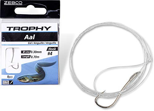 Zebco Qualitäts Trophy Aal Vorfachhaken Angelhaken mit Vorfach vorgebunden Angelschnur Angel Zubehör, Silber, 1/0