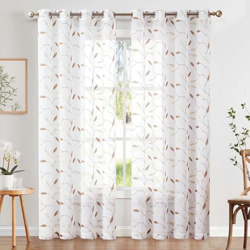 TOPICK Sheer Vorhang Voile Gardinen mit Ösen Blätter Stickerei Transparent Ösenschal Gaze Paarig Ösenschals Blatt für Wohnzimmer Schlafzimmer Stores 2er Set Gold auf Weiß H245 x B140(cm)