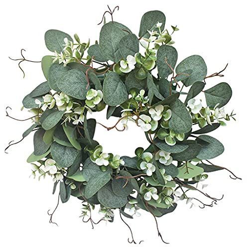 FLAMEER Spring Wreaths, 16 Artificial Door Wreath with Eucalyptus Leaves & Little Flowers for Front Door Farmhouse Wreath Greenery Wall Indoor Outdoor Décor (Eucalyptus)