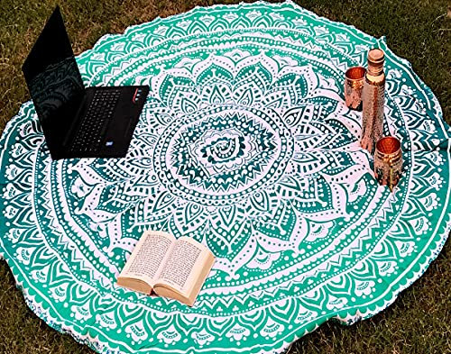 raajsee Grüne runde Strand-Wandteppich, Hippie-/Boho-Stranddecke, Mandala-Rundie/indische Baumwolle, Überwurf – runde Tischdecke, Heimdekor, Indie-Teppich, Meditations-/Picknick-Teppich, 127 cm Kreis