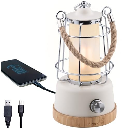 Skandika LED-Lampe Kiruna | Retro Outdoor Campinglampe mit Powerbank, stufenlos dimmbar, kabellos, Akku, aufladbar, USB, warm- und kaltweiß, 75h Leuchtzeit (Kiruna weiß)