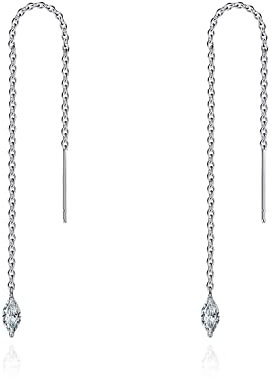 925 Sterling Silver Threader Pull Through Earrings For Women Cubic Zirconia Teardrop Dangle Chain Earring