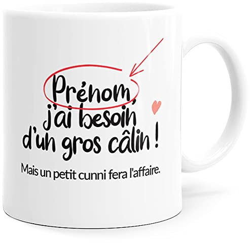 Mug Humour Personnalisable Prénom Câlin Cunni Tasse Message drôle Personnalisé sexy Coquin. Idée Cadeau Original Amie Couple Amoureux Collègue Sœur Femme Copine Nana Anniversaire St Valentin Noël.