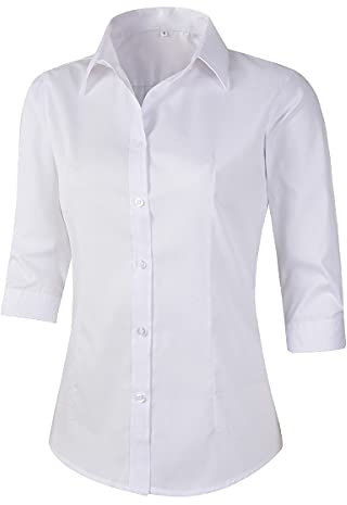Benibos Women's 3/4 Sleeve Formal Work Wear White Button Down Shirt (226 White XL)