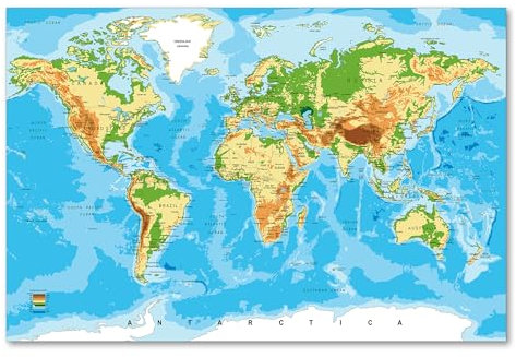 Postereck - 0848 - Hochwertige Weltkarte | Weltkarte Wand mit Hauptstädten der Länder | Unterricht Klassenzimmer Schule World Map Wall | Landkarte Welt XXL - Leinwand - 60,0 cm x 40,0 cm
