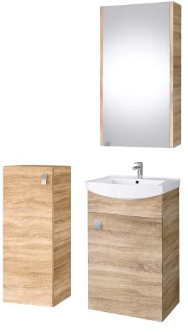 Planetmöbel Badmöbel Set Waschtisch mit Unterschrank 45 x 60 x 33 cm mit Spiegelschrank 40 cm & Midischrank für Badezimmer, Gäste WC & Bad, Sonoma Eiche